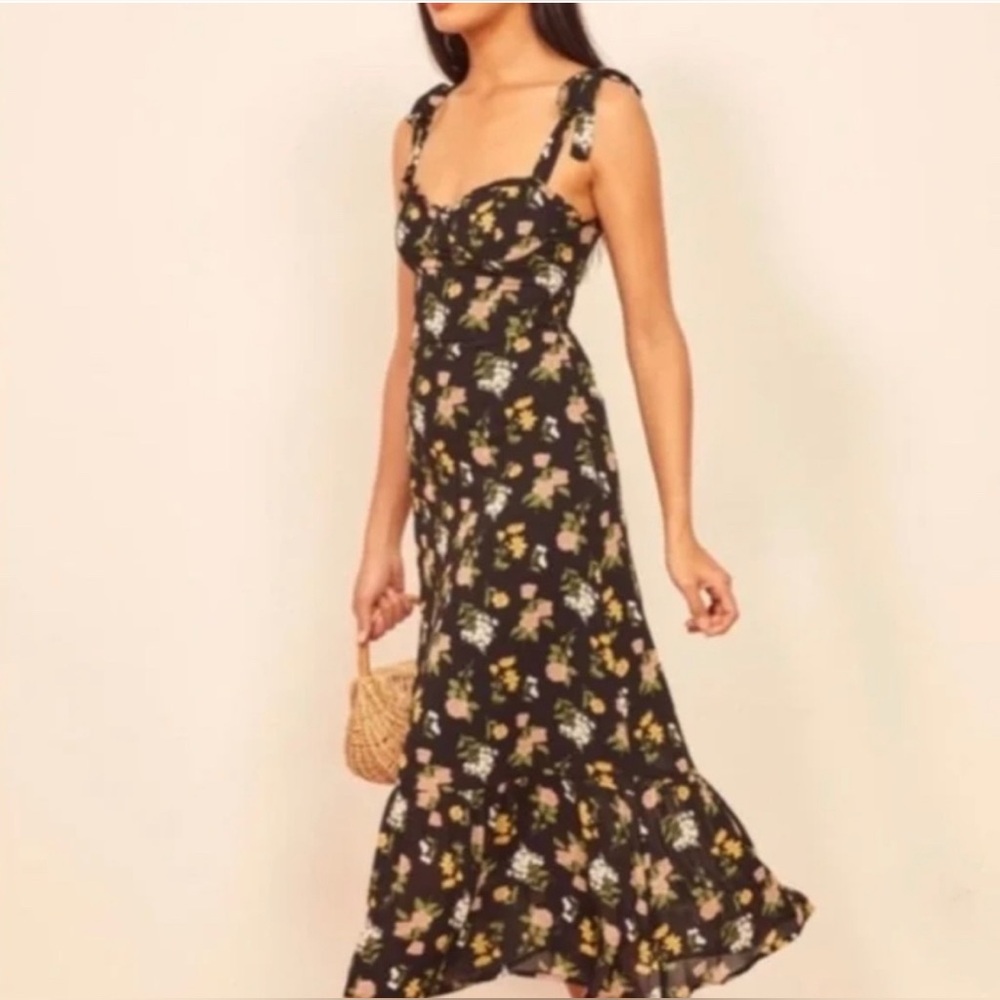 Reformation Nikita Black Floral Midi Dress